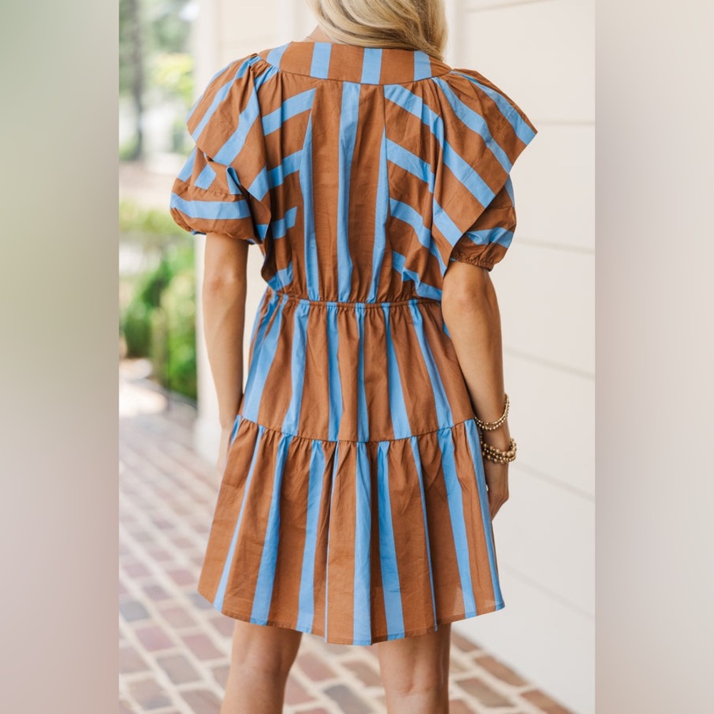 NWTs Entro Blue & Brown Chevron V-Neck Tiered Dress - Picture 4 of 9